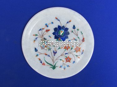 7" White Marble Dish Plate Lapis Floral Arts Marquetry Inlay Gifts Mosaic Decor