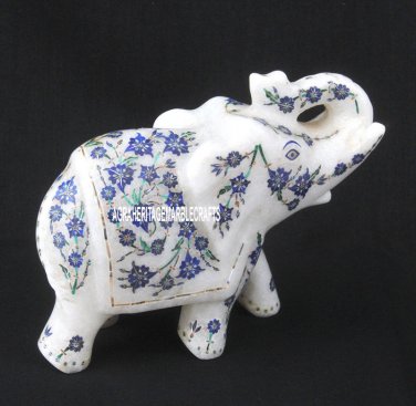 3'' Marble Elephant Rare Marquetry Lapis Inlay Gifts Collectible Art Decor H3767