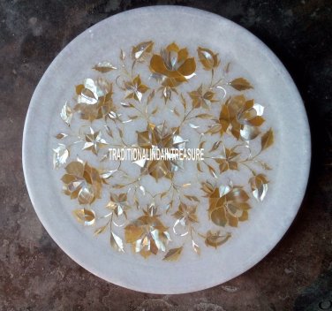 9" White Marble Cake Plate Rare Abalone Gems Inlay Fine Art Mosaic Decor Gifts