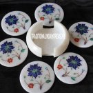 White Marble Coffee Coaster Set Rare Floral Art Marquetry Lapis Table Home Decor