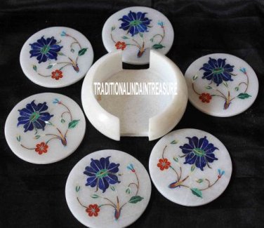 White Marble Coffee Coaster Set Rare Floral Art Marquetry Lapis Table Home Decor