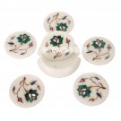 White Marble Marquetry Coaster Set Malachite Stone Inlay Floral Decor Gift H3560