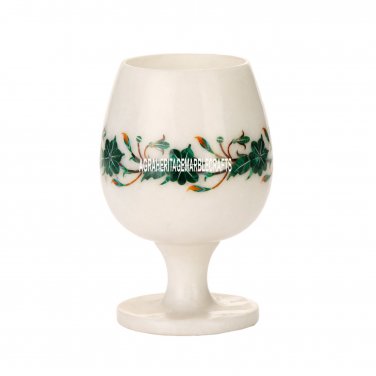 White Marble Wine Glass Malachite Marquetry Inlay Table Casino Glass Decor H3663