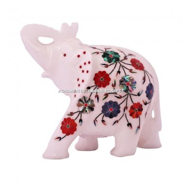 White Marble Trunk Up Floral Elephant Multi Inlay Precious Stone Work Decor E40