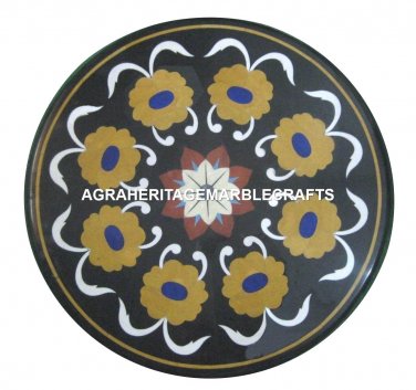 Black Marble Coffee Side Table Top Pietradure Floral Inlay Marquetry Decor H2450