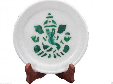 6" Marble Plate Decor Ganesha Malachite Pietra Dura Handmade Semi Precious