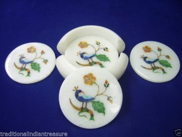 Marble 6 pcs Tea Coaster Set Peacok Arts Inlay Kitchen Decor Marquetry Gifts