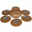 Round Handmade Marble Set of Coasters Marquetry Inlay Design Kitchen Decor M102