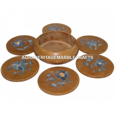 Round Handmade Marble Set of Coasters Marquetry Inlay Design Kitchen Decor M102