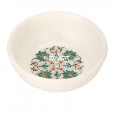 4"x4''x1.5'' Marble Fruit Bowl Malachite Floral Inlay Marquetry Gift Decor H3634
