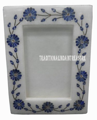 White Marble Photo Frame Real Lapis Lazuli Inlay Floral Work Mosaic Home Gifts
