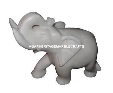 6"x7" White Marble Trunk Up Elephant Hand Carved Sculpture Decorative Gift H1287