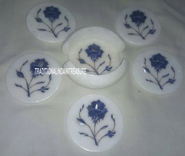Marble White Tea Coasters Real Lapis Lazuli Stone Design Inlay Floral Decor Gift