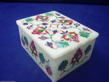 4"x3"x2" White Marble Jewelry Box Pink Inlaid Mosaic Handmade Pietra Dura Decor