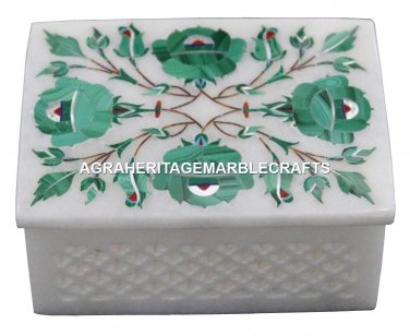 3"x4" White Marble Jewelry Ring Box Malachite Marquetry Inlay Handmade Art H1455