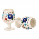 2 Set of Marble Wine Glass Marquetry Inlay Multi Floral Casino Glass Decor H3666