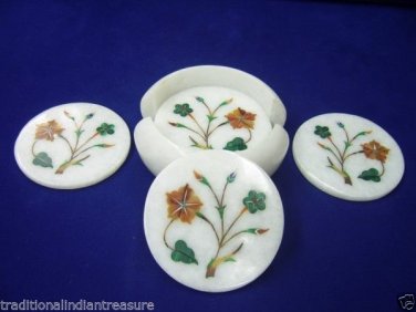 Marble Tea Coffee Coaster Set Rare Hakik Inlay Mosaic Table Deco Collectible Art
