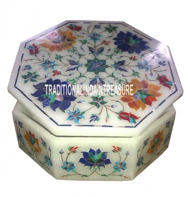 White Marble Jewelry Storage Box Real Gem Inlay Marquetry Work Room Decor Gifts