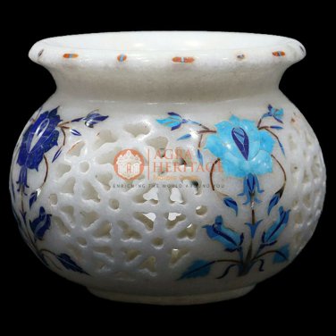 White Marble Flower Organizer Vase Multi Stone Marquetry Floral Design Gifts Her