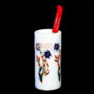 Marble White Handmade Pen Organizer Holder Lapis Inlaid Marquetry Floral Design