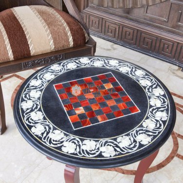 Black Marble Chess Top Table Inlaid Mosaic Stone Arts Decorative Furniture Decor