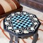 Black Marble Chess Top Table Set With Wooden Stand Marquetry Floral Art Decor