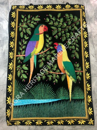 Black Marble Embroidery Wall Hanging Parrot Multi Design Using Thread Work E427