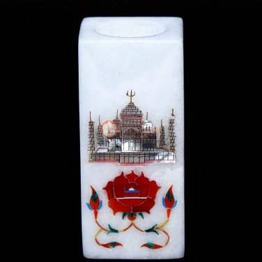 Marble White Pen Organiser Holder Inlaid Taj Mahal Marquetry Floral Design Decor