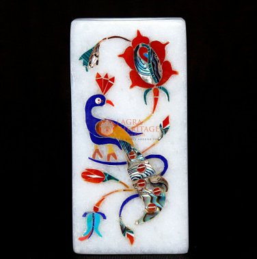 Marble White Handmade Pen Storage Holder Collectible Lapis Peacock Inlaid Decor