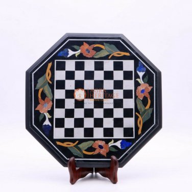 Black Marble Top Chess Custom Table Top Set Mosaic Inlaid Marquetry Floral Arts