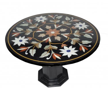 24" Black Marble Coffee Table Top Marquetry Handmade Corner Table With Stand Art