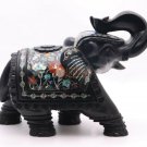 Marble Black Trunk Up Elephant Statue Carnelian Marqutery Floral Design Decor Marble Black Trunk Up Elephant Statue Carnelian Marqutery Floral Design Decor