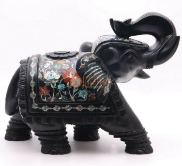 Marble Black Trunk Up Elephant Statue Carnelian Marqutery Floral Design Decor