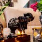 Marble Black Trunk Up Elephant Statue Carnelian Marqutery Floral Design Decor