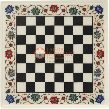 Marble White Handmade Indoor Chess Game Multi Stone Floral Design Birthday Gifts