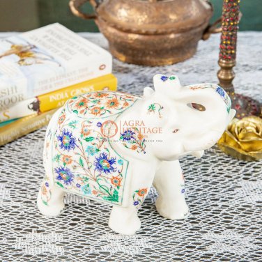 White Marble Trunk Up Elephant Semi Precious Floral Marquetry Art Decor Gift Her