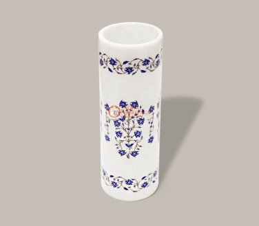 White Flower Vase Handmade Lapis Inlaid Marqutery Floral Design Collectible Gift