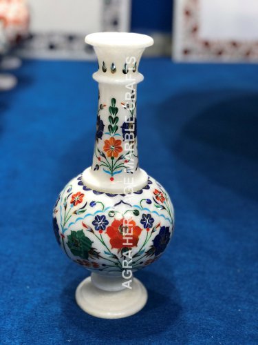15" White Marble Flower Vase Multi Inlay Floral Marquetry Design Home Decor E186