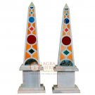 26" Pair of Marble Obelisks with Italian Pietre Dure Malachite Lapis Mosaic E515 26" Pair of Marble Obelisks with Italian Pietre Dure Malachite Lapis Mosaic E515