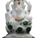 6" Marble Idol God Ganesha Sculpture Malachite Floral Inlay Art Veterans Gifts