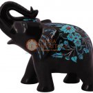 6" Black Wild Elephant Statue Turquoise Inlaid Floral Art Christmas Eve Gift