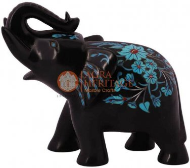 6" Black Wild Elephant Statue Turquoise Inlaid Floral Art Christmas Eve Gift