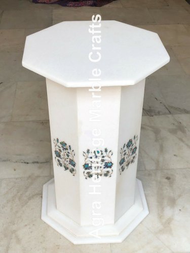 29"x15" White Marble Pedestal Stand Base Pauashell Turquoise Inlay Decor E574