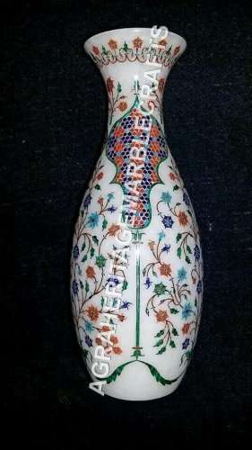 12" White Beautiful Marble Flower Vase Marquetry Multi Inlay Home Decor E1111