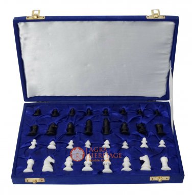 King Size 2" Marble Chess Pieces With Blue Velvet Box Handmade Chess Lovers