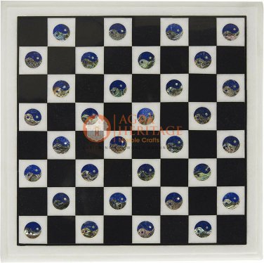 Marble Chess Set With Chess Pieces Inlaid Lapis Stone Yin and Yang Handmade Arts