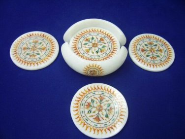 Marble Personalized Coaster Set Carnelian Malachite Inlay Handicraft Design Gift
