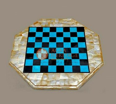 Marble Chess Set With Board Premium Blue Turquoise Stone & Mother of Pearl Decor