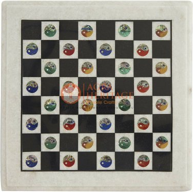 Handmade White Marble Chess Set With Chess Pieces Multi Stone Yin and Yang Arts