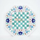 Marble White Top Chess Indoor Game With Wooden Stand Malachite Inlaid Stone Arts
